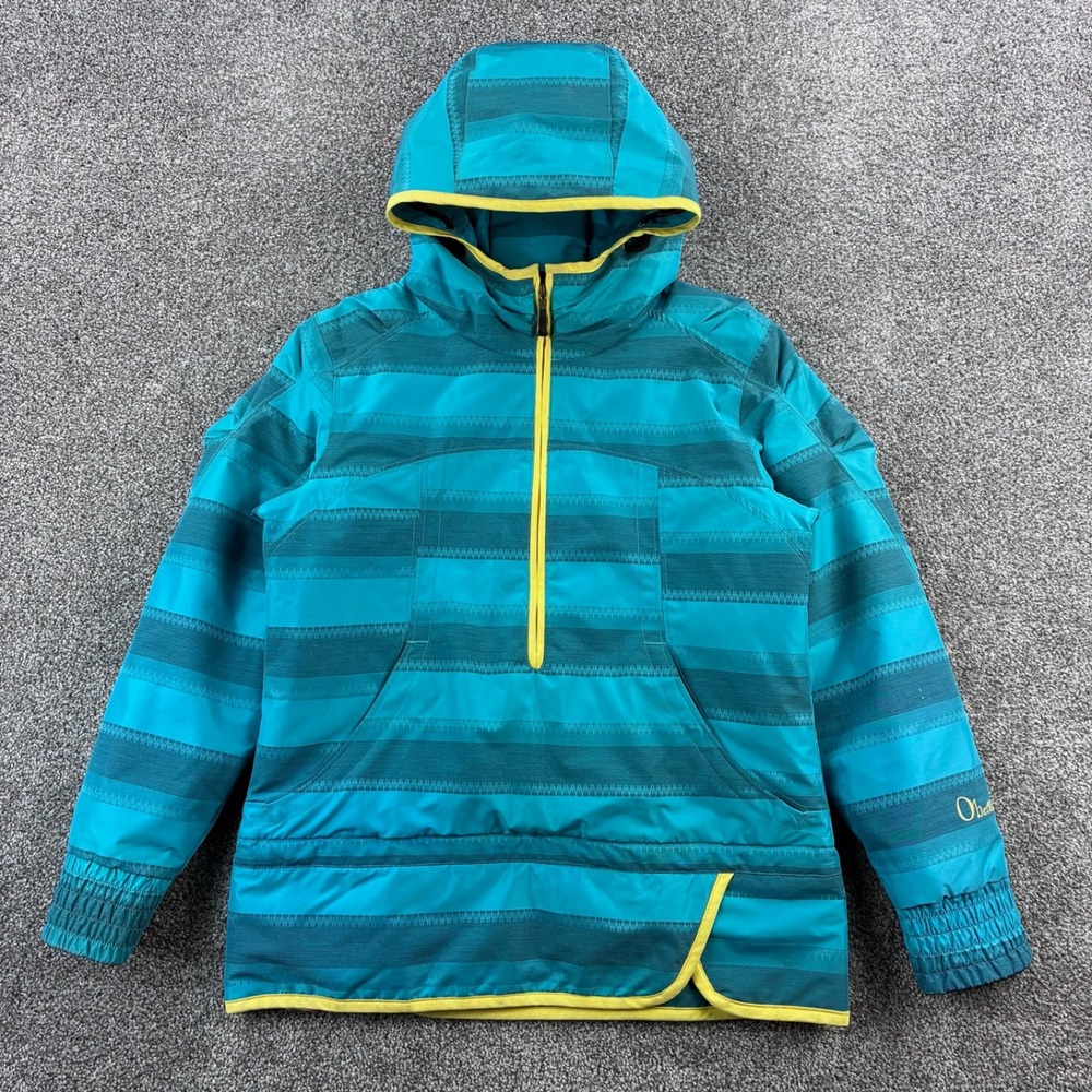 Obermeyer Anorak Jacket Kids 16 Teal Blue Striped Ski Snowboard‎ Hooded Pullover